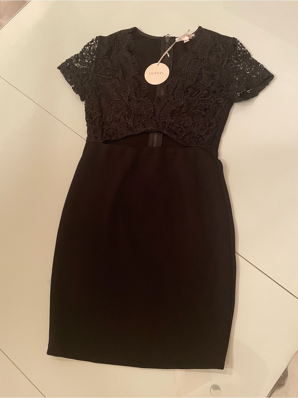 Luxxel Black Lace Cap-Sleeve Sheath Dress